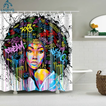 афроамериканец афро черно момиче жени арт дизайн графити изкуство баня душ завеси водоустойчив полиестер с куки