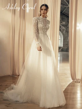 Ашли Карол A-LINE Сватбени рокли 2022 Изящен дълъг ръкав V-образно деколте илюзия принцеса мечта мъниста сватбена рокля Vestido Novia