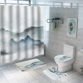 Баня душ завеса комплект водоустойчив душ завеса пейзаж живопис нехлъзгащ подплатени етаж мат баня декорация 4 бр / комплект