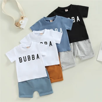 Бебе новородено бебе момчета облекло комплекти писмо печат къс ръкав тениска и участък случайни валцувани шорти 2бр екипировки