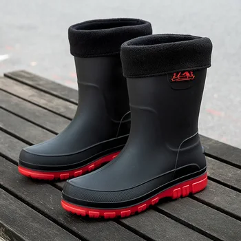 Безплатна доставка Високо качество нов дъжд обувки мъжки дъждоустойчив водоустойчиви ботуши против хлъзгане плюшени топло работа гумени обувки риболовни обувки