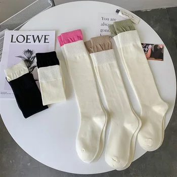 Бели чорапи за прасеца Дамски двойни оребрени шевове купчина есен и зима топло корейски JK дължина коляното високи чорапи