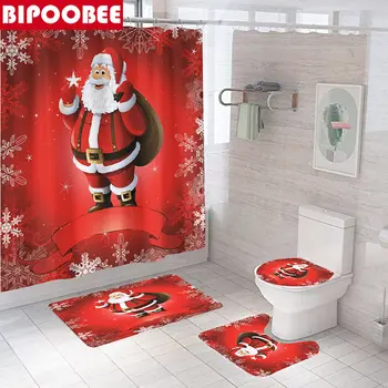 Весела Коледа тоалетна покритие постелки за баня килими Дядо Коледа душ завеса баня завеси водоустойчив полиестерен плат с куки