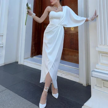 Вечерни рокли с едно рамо Дължина на чая فساتين السهرة Бяла сатенена парти абитуриентска рокля Вечернее платье за жени