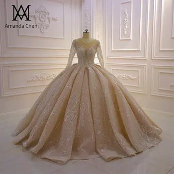 Висококачествена пълна ръкава лъскави мъниста плисе мъниста шампанско 2023 сватбена рокля