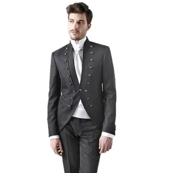 Въгленово сиво Уникален дизайн Мъжки сватбени смокинги Slim Fit Groom Официална вечеря парти Абитуриентски блейзър костюм (яке + панталони)