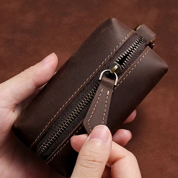 Горещи мъжки луд кон естествена кожа ключ портфейл монета карта притежателя пари чанта с ключодържател цип джоб мини кола ключодържател чанта