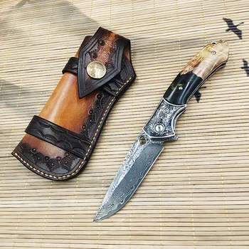 Дамаск сгъваем джобен нож EDC инструмент за мъже с кожена обвивка външни ножове бяла сянка дървена дръжка къмпинг