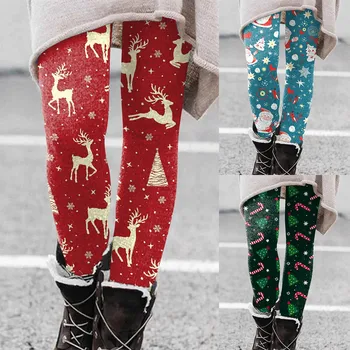 Дамска мода удобни тънък годни Дядо Коледа животински подарък снежинка печат случайни панталони гамаши