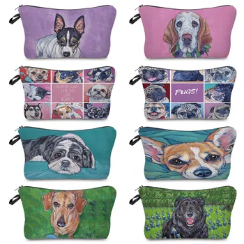 Дамски козметични чанти Прекрасна маслена живопис Куче печат грим чанти пътуване тоалетна чанта с цип топлина трансфер животински подарък случайни