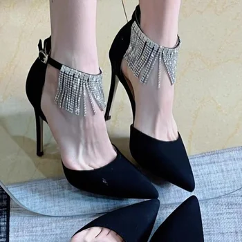 Дамски луксозни пискюл верига кристали високи токчета сватбени обувки 2023 Нов кристал глезена каишка булчински обувки жена тънки токчета помпи