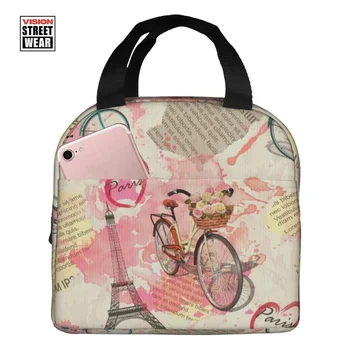 Ден на майката Париж Айфеловата кула изолирани обяд чанти вестник обяд кутия чанти велосипед с цветя миещи обяд контейнер кутия
