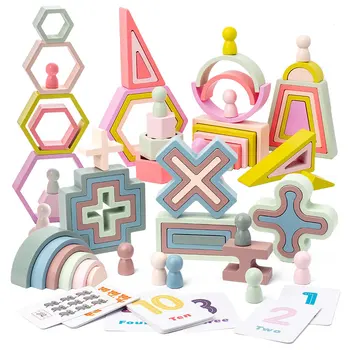 Детски дъгови блокове Дървени играчки Монтесори геометрични форми Подредени камъни Баланс на играта Номер Учене Образователни играчки