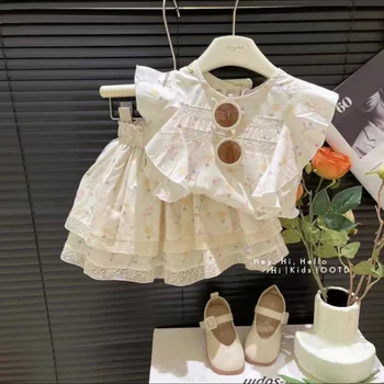 Детски комплекти Корейски дрехи момичета пасторални модни летен сезон фрагментирани цветя две части комплект кръгла яка