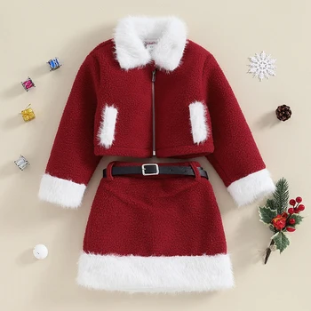 Детски момичета Коледа облекло космати пачуърк дълъг ръкав цип яке отгоре с пола и колан зимни деца Коледа дрехи