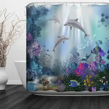Детски океански душ завеса Clear Подводен свят Морски животни Делфин Цветни корали Рифове и тропически риби Три делфина