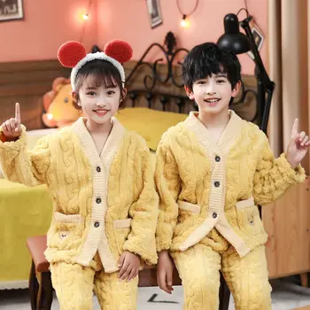 Детски пижамен костюм фланела есен зима удебелени момчета и момичета панталони с дълги ръкави две части бебе топло дома дрехи