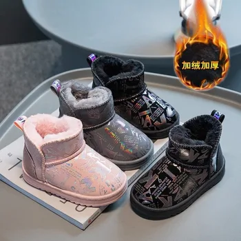 Детски снежни ботуши Момичета против хлъзгане Водоустойчиви зимни удебелени плюшени топли къси ботуши Детски памучни обувки Момчета памучни обувки