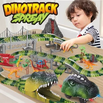 Динозавърска писта Електрически динозавърски автомобил Планински път Железопътен Детски пъзел Игрива играчка излъчва светлина момчета Коледен подарък за рожден ден