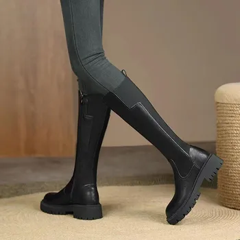 Дълга кожа жена коляното високи ботуши зима 2023 мода космати буци токчета луксозни дизайнерски обувки Western Black Zip платформа