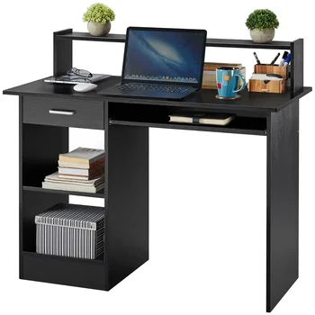 Дървено бюро за домашен офис с чекмеджета и табла за клавиатура, черно бюро за лаптоп
