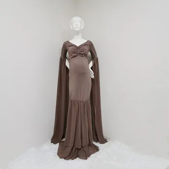 Еднолинейна рокля за разтягане на врата за фотосесия бременни жени шифон дълга пола майчинство графики es