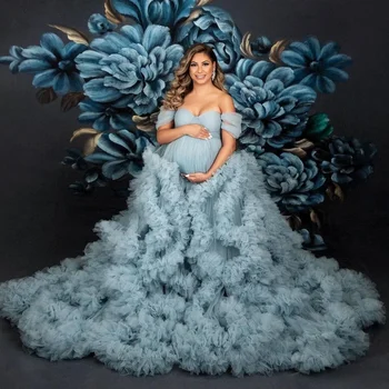 Елегантна небесносиня абитуриентска рокля Макси майчинство рокля халати за фотосесия Скъпа от рамото къдри фотография Babyshower