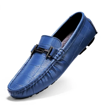 Естествена кожа мъжки обувки луксозна марка случайни приплъзване на официални мокасини мъже мокасини италиански черно синьо мъжки шофиране обувки