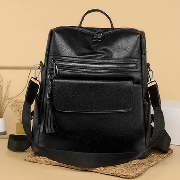 Жените шик рамо чанта голям капацитет ретро раница мулти-джобове PU кожа мека за офис пътуване училище