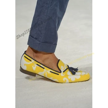 Жълт ресни декор мокасини Мъжки ежедневни обувки велур улица стил плосък с приплъзване мъжки обувки комфорт лукс 2023 Сапатиляс Муджер