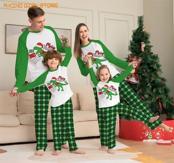 Зелен динозавър печат Коледа пижама комплект мама дъщеря татко син бебе куче съвпадение дрехи меки ежедневни спално облекло Коледа семейство поглед