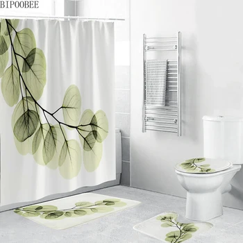 зелени растения листа отпечатани душ завеса водоустойчив полиестер баня завеси нехлъзгащи килим баня мат килими тоалетна капак капак