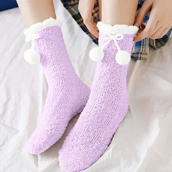 Зимна Коледа топка висулки меки чорапи дебели топли спящи чорапи удобни плътен цвят чорапи за жени колготки женские