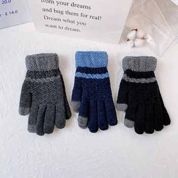 Зимни мъже плетени ръкавици сензорен екран сгъстяват топло плътен цвят шевове ивици плюс кадифе ръкавици открит колоездене ръкавици