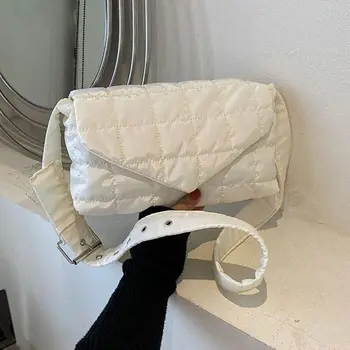 Зимни топли карирани чанти за рамо Леки памучни подплатени ватирани чанти за жени пратеници пухкави чанти