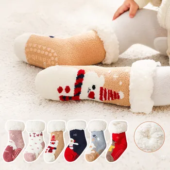 Зимно новородено бебе карикатура коледни чорапи сгъсти памук топъл под детски чорап неплъзгащи се детски термични чорапи за 0-4 години