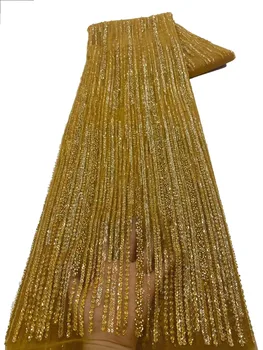 Златен цвят Последни Африка бродирани тюл нетна тъкан линия форма мъниста високо качество луксозни пайети нетна дантела вечерно парти рокля