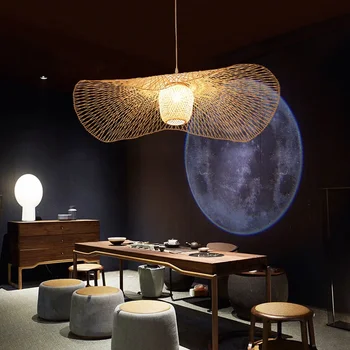 Източна Азия кръгла топка бамбук висулка светлини реколта творчески ръчно изработени лампи за хол спалня трапезария маса полилеи