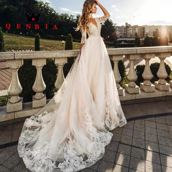 Изящни дантелени апликации Сватбени рокли Линия половин ръкави V врата Дължина на пода Булчински рокли Vestido De Noiva Custom S64Y