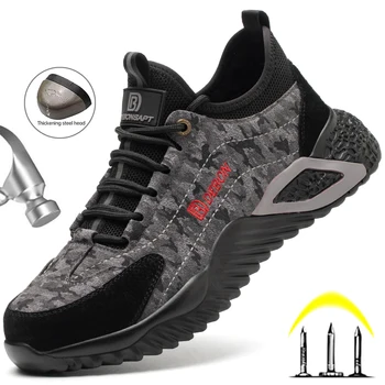 Камуфлаж Мъжки работни обувки Стоманени пръсти Неразрушими обувки Леки обувки за безопасност с пробиване Мъжки работни маратонки Ботуши за безопасност