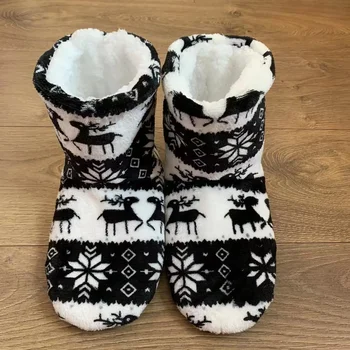 Коледа лосове вътрешни чорапи възрастни домашни чехли жени зимни етаж обувки обувки топла кожа пързалки дами плюшени чехли