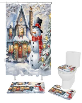 Коледа сняг сцена снежен човек душ завеса нехлъзгащи килими тоалетна капак капак и баня мат баня завеси с куки
