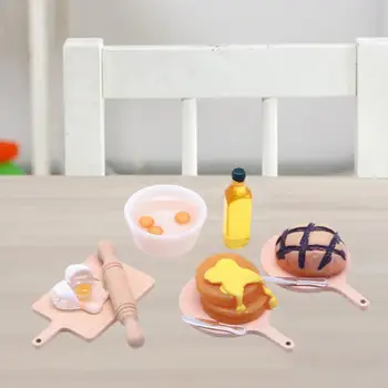 Комплект хляб за кукли Комплект пекарни за кукли Изящен миниатюрен комплект за закуска за кукли Комплект за яйчен хляб с тава за сок за деца