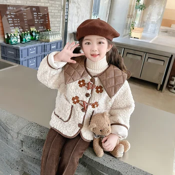 корейски деца деца момиче агнешко руно палто флорални принцеса топло зимно есен парка вълнено яке за деца момичета облекло 1-8Y