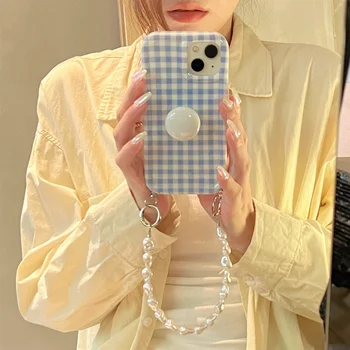 Корейски прост пресни решетка керамика скоба перла гривна случай за iPhone 14 13 12 11 Pro макс удароустойчив капак за момиче подарък