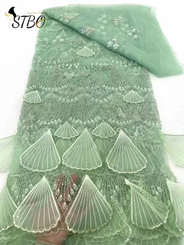 Красива Африка мода нов дизайн ръчно изработени 3D фен бродерия мрежа дантела с мъниста пайети високо качество за парти или вечерна рокля