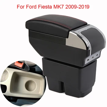 Кутия за подлакътници за кола двуслойна предна централна конзола черна кожа със зареждащи USB портове за Ford Fiesta MK7 2009-2017