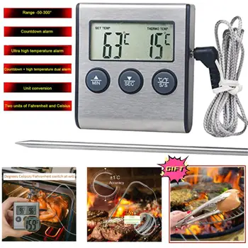 Кухненски цифров термометър за готвене Температура на месната храна за фурна BBQ Грил таймер функция със сонда топломер за готвене