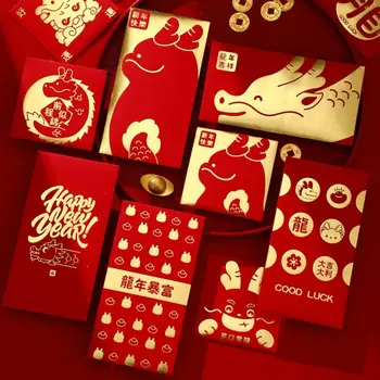 Късмет пари чанта червен плик 2024 Нова година пакет Най-добри пожелания пари чанти късмет дракон модел пари джоб Нова година подаръци