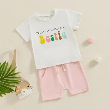 Летни дрехи за малки деца Бебешки момичета Mamas Bestie T Shirt Шорти Комплекти Бебе 3 6 12 18 24 месеца 2T 3T 4T Дрехи
